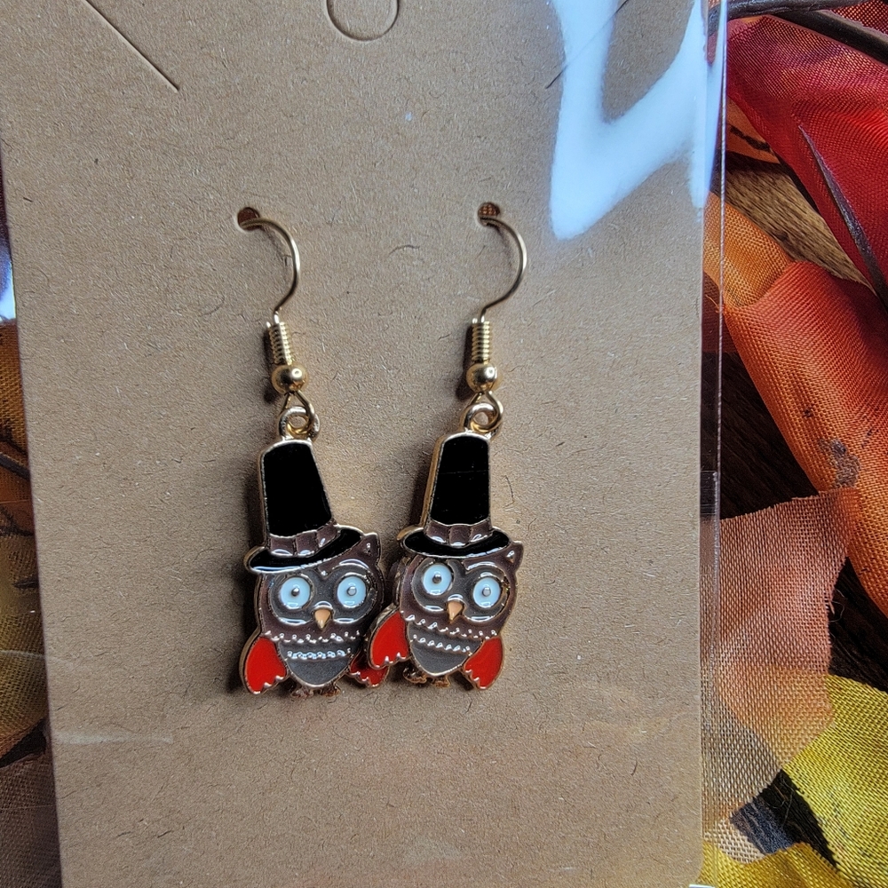 🍁8 Final!! Owl Earrings with Top Hats Fall Themed Earrings
